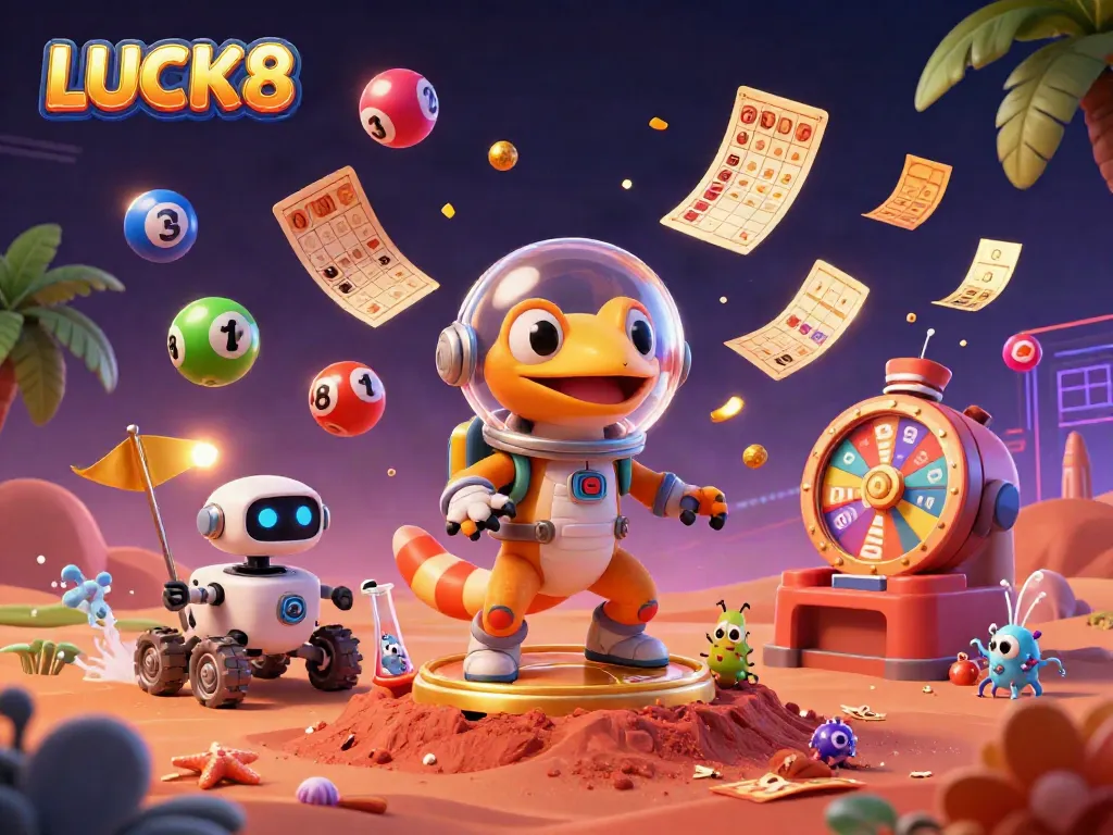 Experience winning at LUCK8 with a playful Martian gecko discovering a golden casino amid action-packed gambling elements.