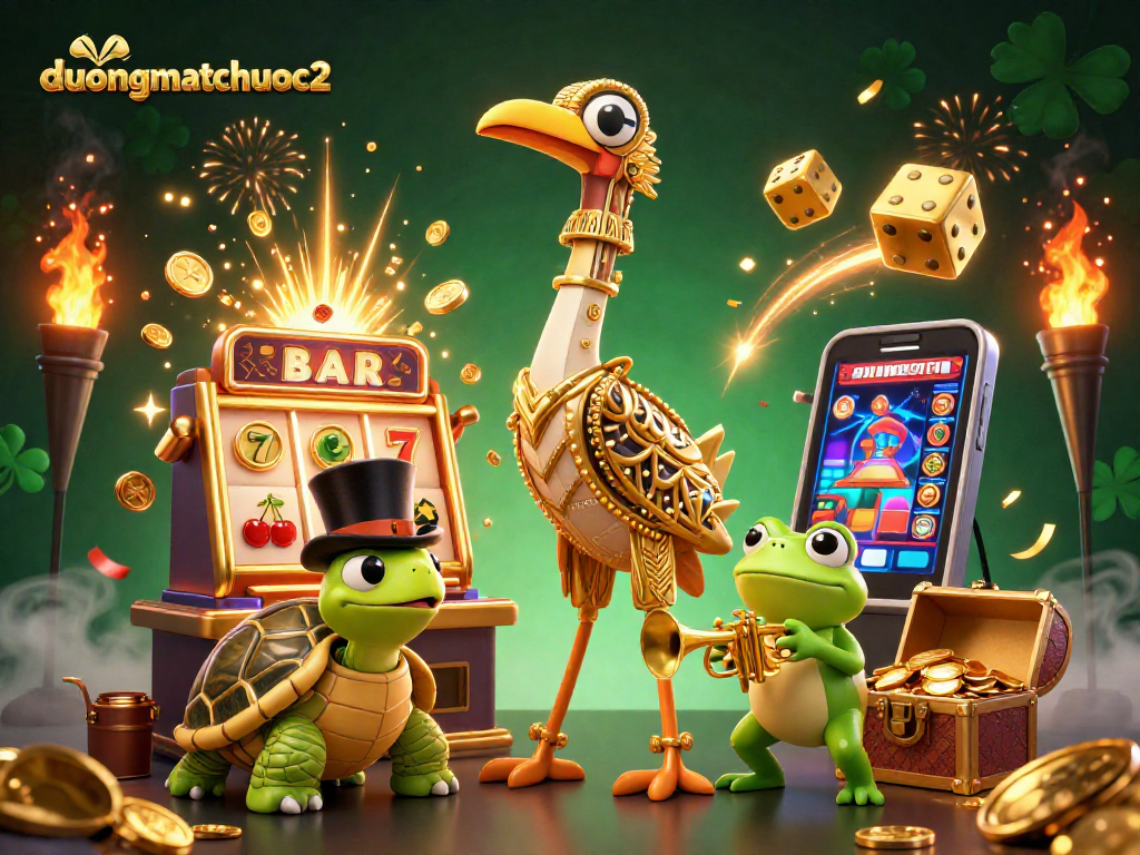 Engage with duongmatchuoc2 featuring a lively 3D illustration of characters amidst a jackpot explosion of coins and colorful game elements.