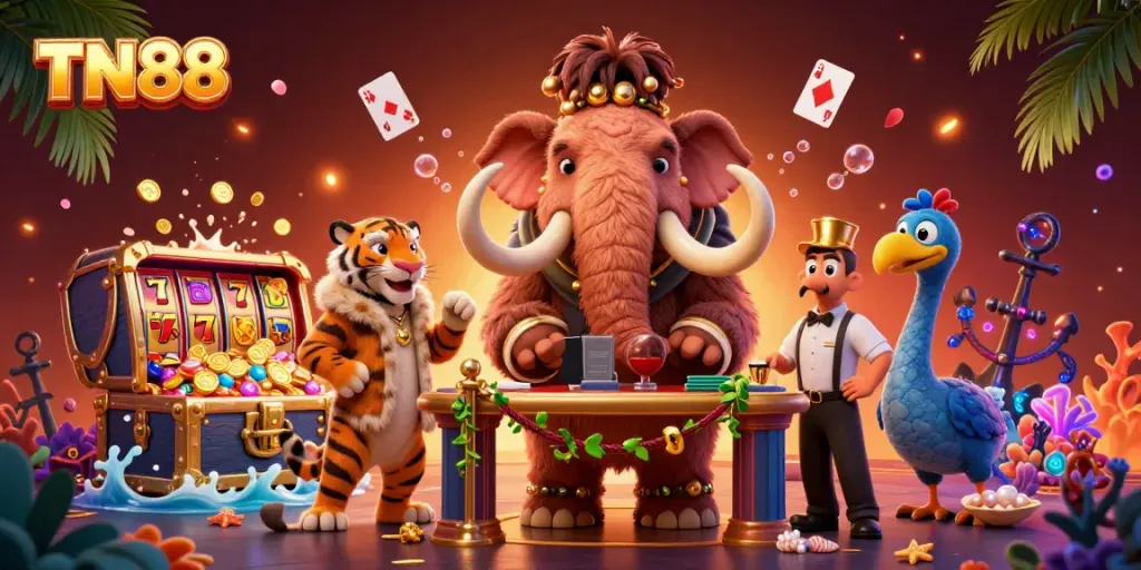 Experience the thrill of TN88 with a vibrant casino scene featuring dynamic characters and rich gaming elements.