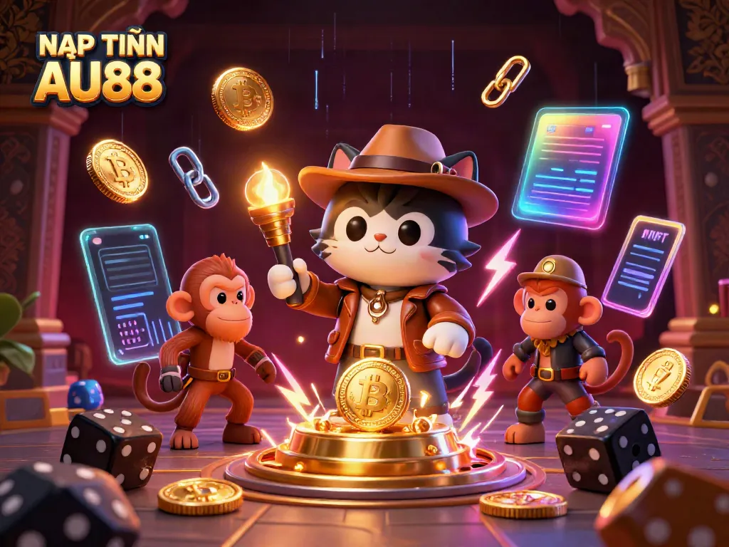 NỌP TIỀN AU88 with an archaeologist cat discovering a golden casino artifact in a vibrant 3D scene.