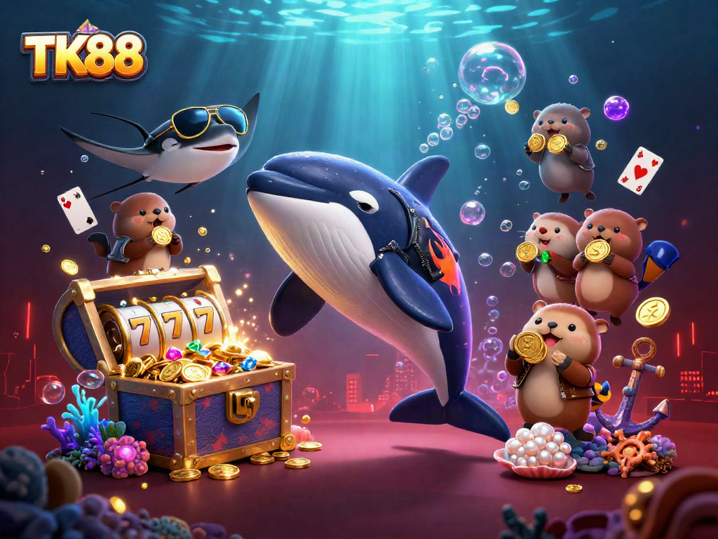 TK88 showcases a vibrant casino scene featuring an orca, stingray, and otters amidst gold coins and slot reels.