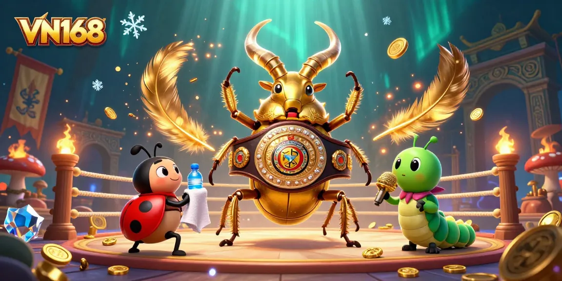 Engage in thrilling gameplay with VN168's vibrant 3D illustration featuring a boxing beetle champion.