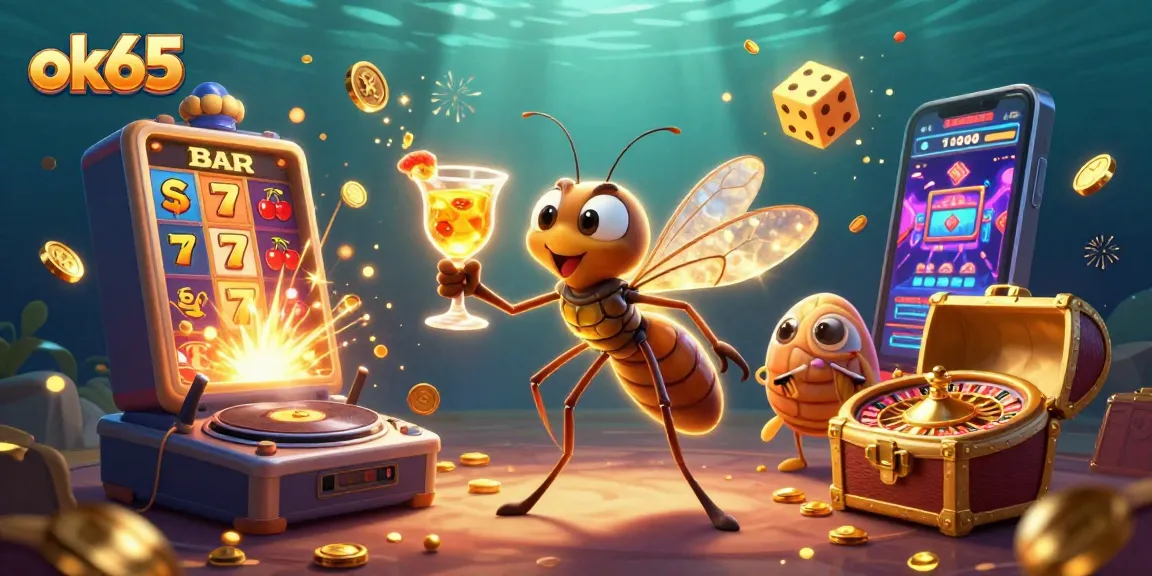 Spin to win with ok65 in this vibrant casino scene filled with lively game elements and characters.