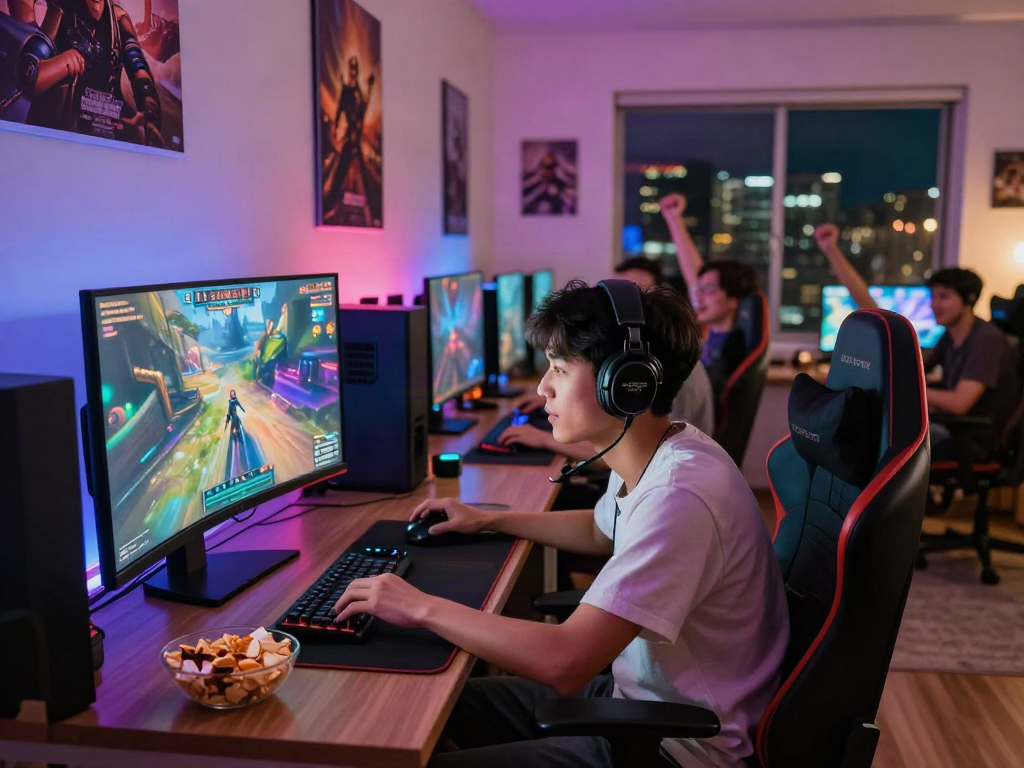 Engaging scene of a gamer immersed in an adult game, colorful lighting and snacks enhancing the atmosphere