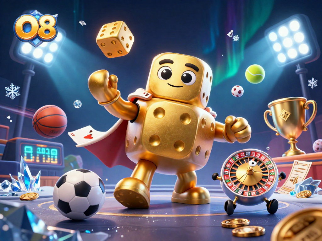 O8 showcases thrilling moments with 3D golden dice and lively gaming elements in a vibrant casino scene.