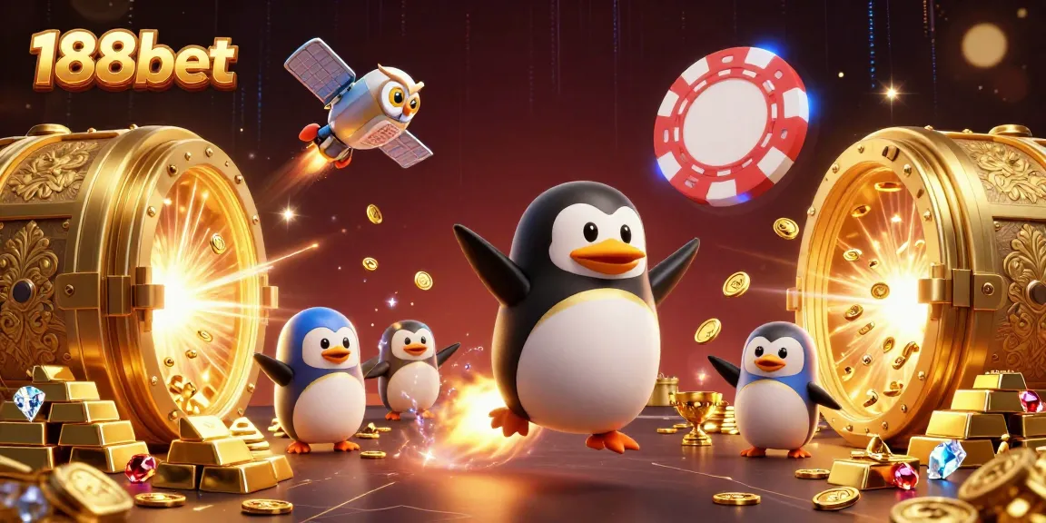 Experience the thrill of 188bet with a dynamic casino scene featuring a golden penguin and masses of treasures.