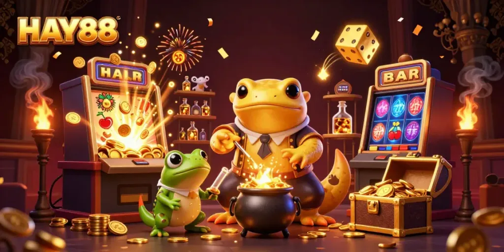 Experience vibrant gameplay at HAY88 with slot machines, gold coins, and enchanting characters.
