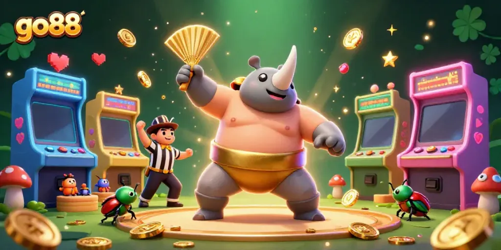 Experience thrilling gameplay at go88 with the dynamic sumo beetle champion surrounded by vibrant arcade elements.