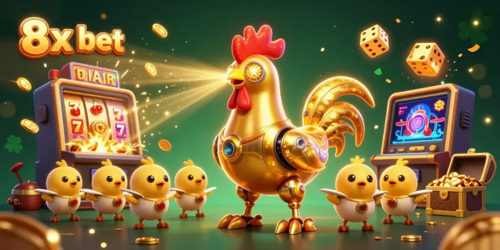 Experience the thrill of 8x bet as the golden rooster robot and chick drones celebrate big wins!