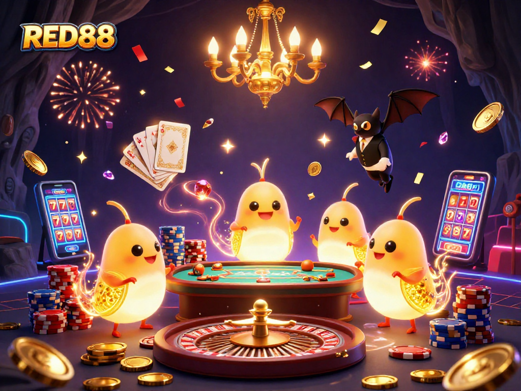 Experience the thrill of RED88 with cartoony glowworms lighting up a vibrant casino scene.