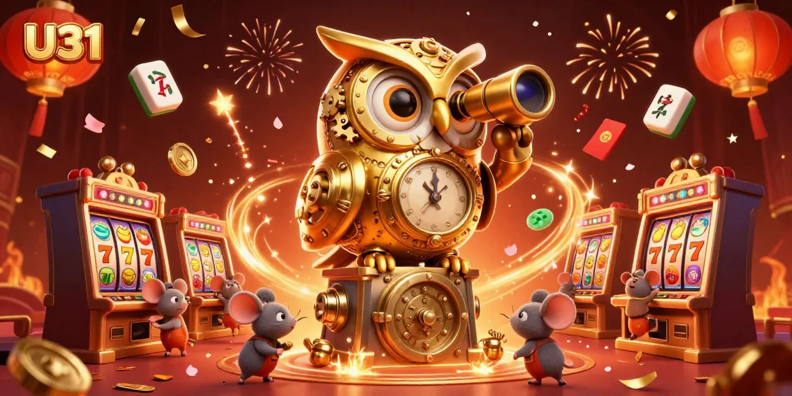 Engage with U31's vibrant casino atmosphere as the golden owl oversees slot excitement and mouse patrons.