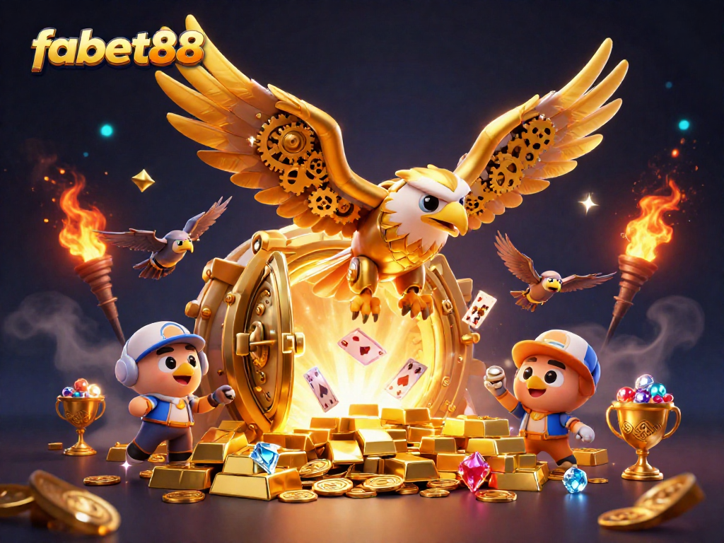 Experience the thrill at fabet88 with a dynamic illustration of a golden eagle diving through cards amidst treasure.