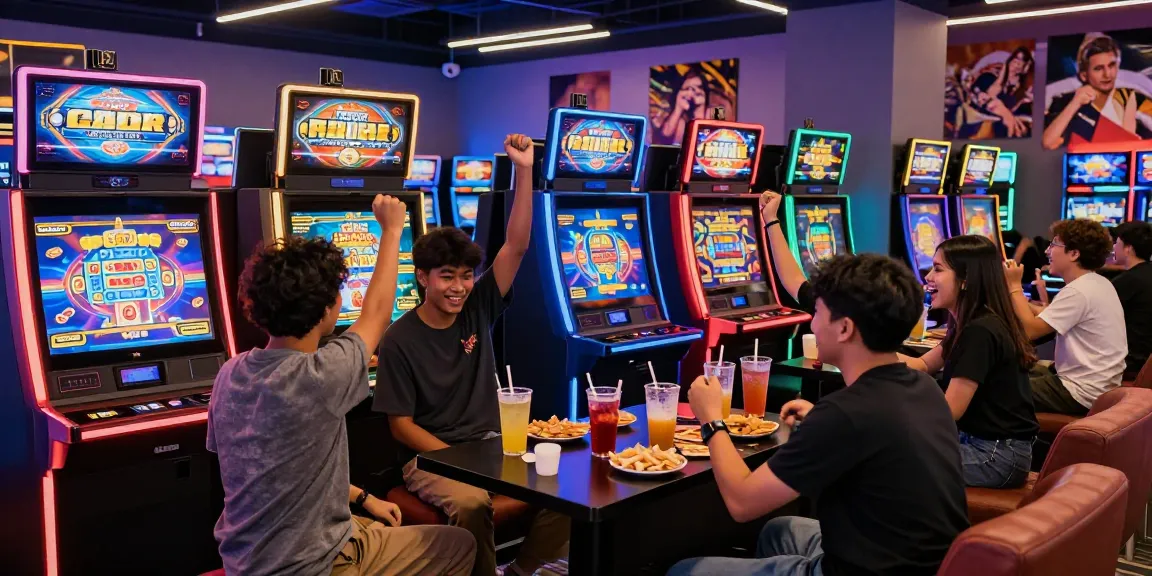 Exciting scene of friends celebrating wins at colorful slot gacor machines in a modern gaming lounge.