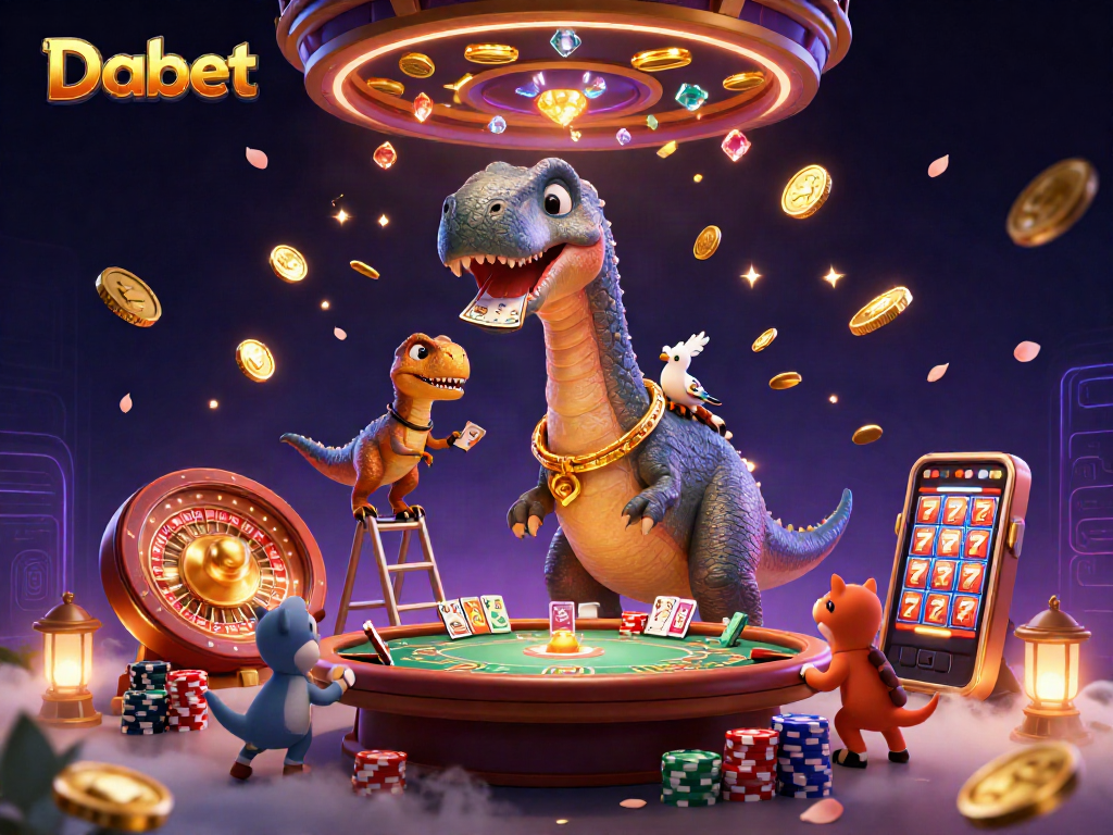 Dabet's playful world comes alive with a 3D cartoon brontosaurus and clever raptor in a vibrant casino scene.