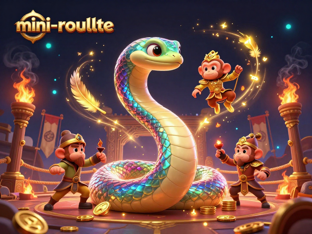 Engage with mini-roulette in a vibrant casino scene featuring a rainbow serpent and monkey king.