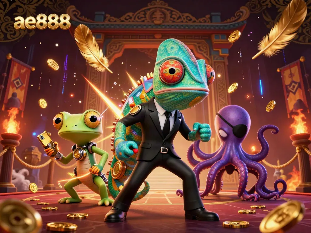 A dynamic scene featuring ae888's secret agent chameleon and companions amidst gold coins and gambling elements.
