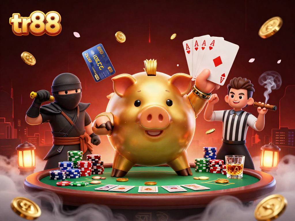 tr88 casino scene featuring a golden piggy bank sumo wrestler and ninjas in action