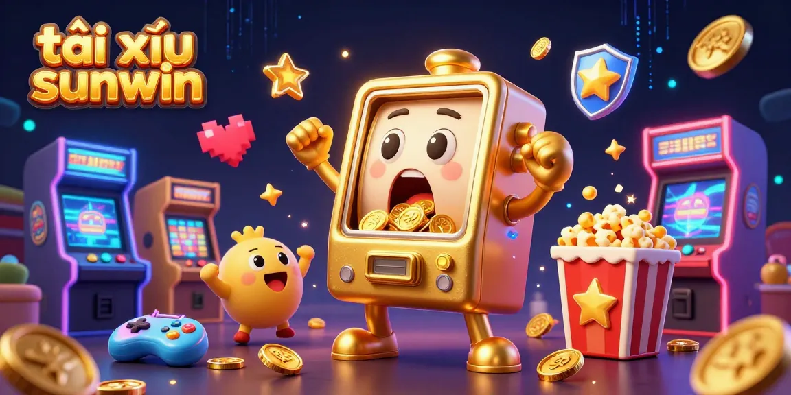 Tài xỉu sunwin excitingly illustrates a cartoon slot machine hitting a jackpot, surrounded by vibrant casino elements.