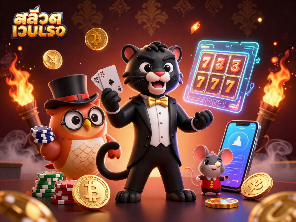 Engage in thrilling tactics at สล็อตเว็บตรง with a stylish panther dealer, glowing crypto coins, and vibrant slot reels.