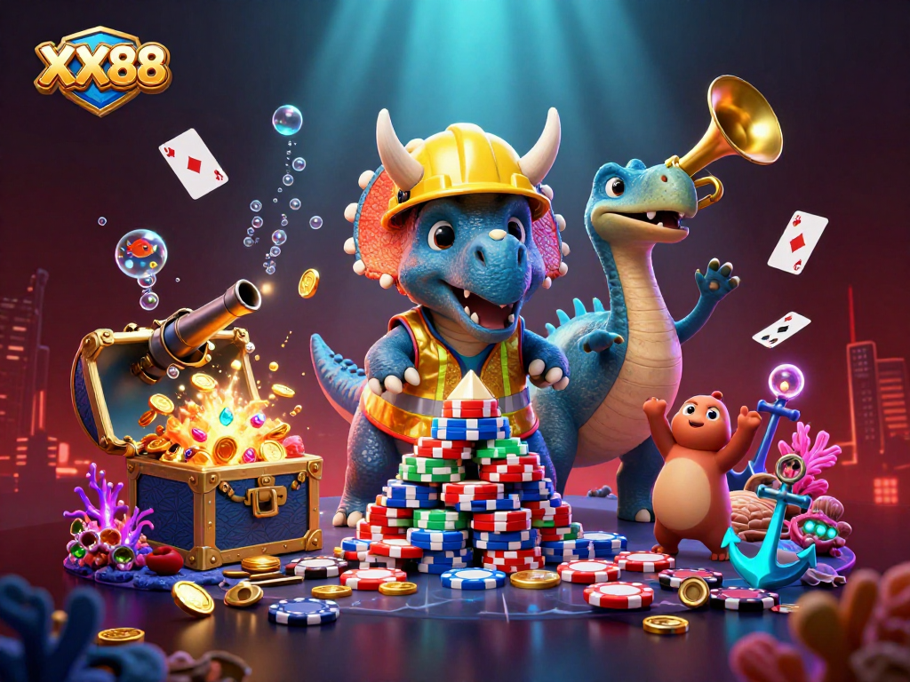 Join the excitement at XX88 as the playful triceratops and friends engage in a casino adventure!