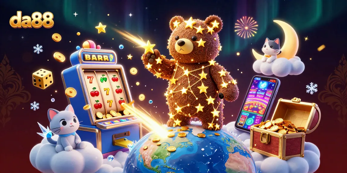 Experience da88's vibrant casino journey with a golden constellation bear scooping coins from Earth.