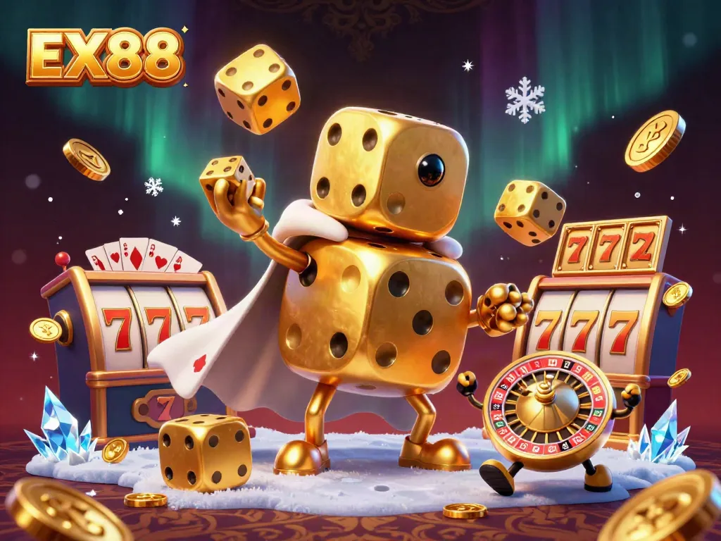 Experience the excitement of EX88 with a golden dice golem, slot reels, and dynamic gameplay elements.