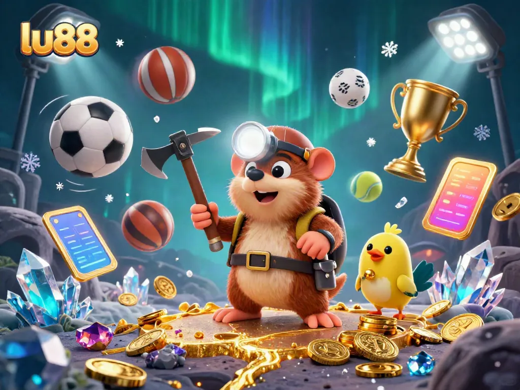 Engage in thrilling gaming at lu88 with a vibrant scene of a treasure hunter mole surrounded by animated sports elements.