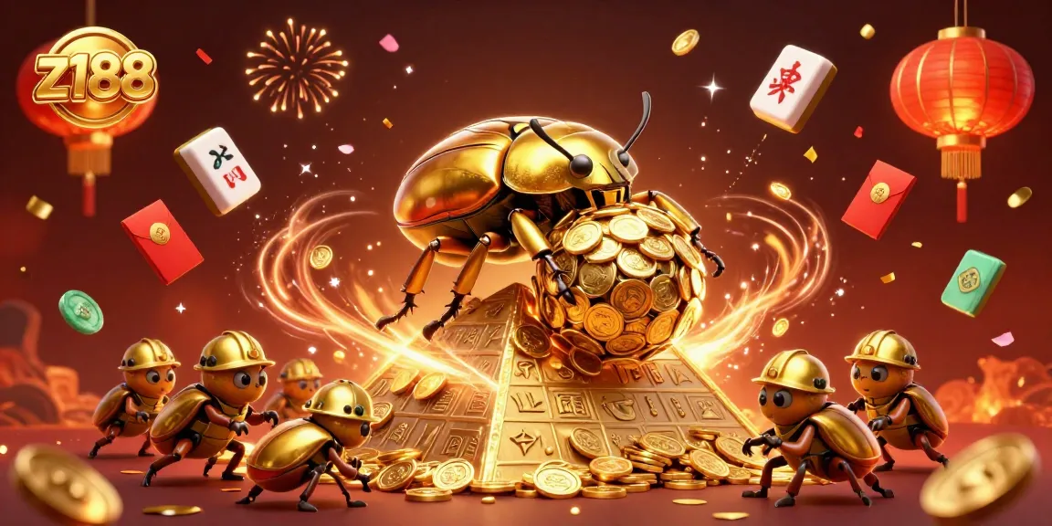 Engage with z188's immersive gaming experience featuring a golden dung beetle and casino symbols.
