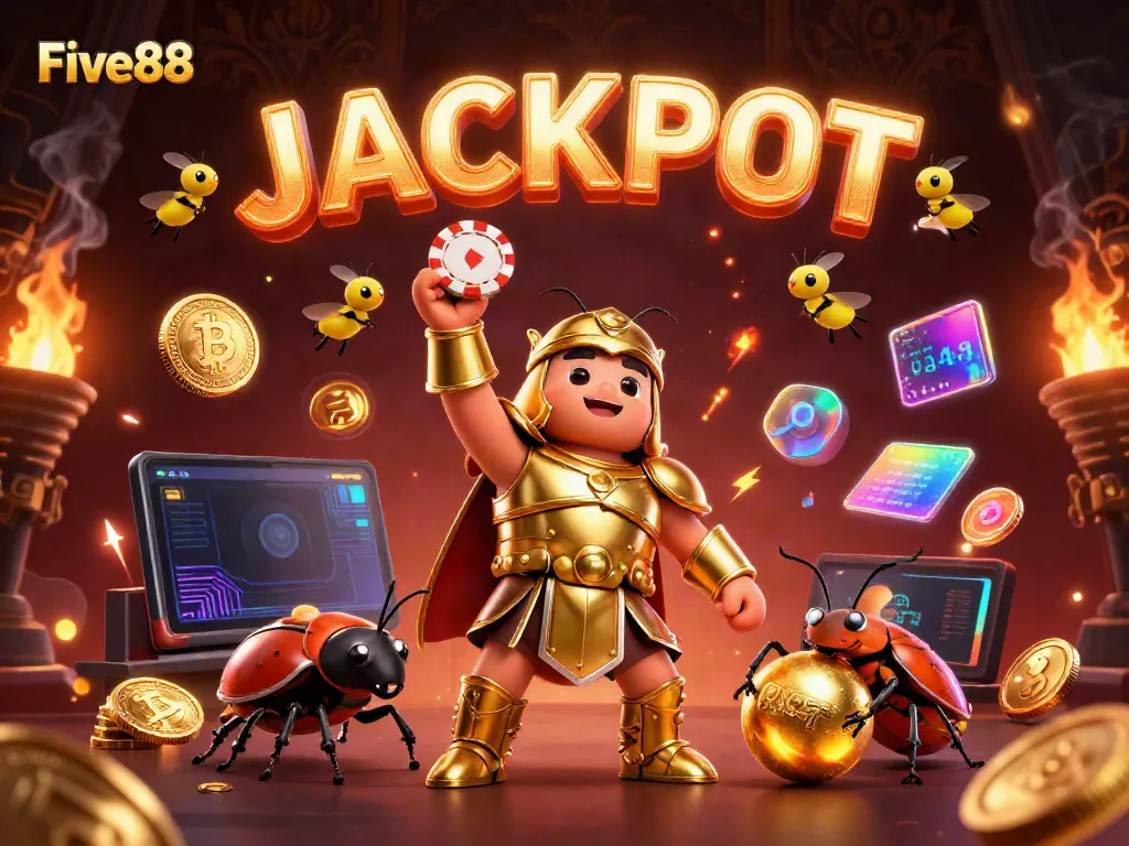 Experience exhilarating wins at Five88 with a vibrant 3D illustration showcasing excitement and gaming elements.
