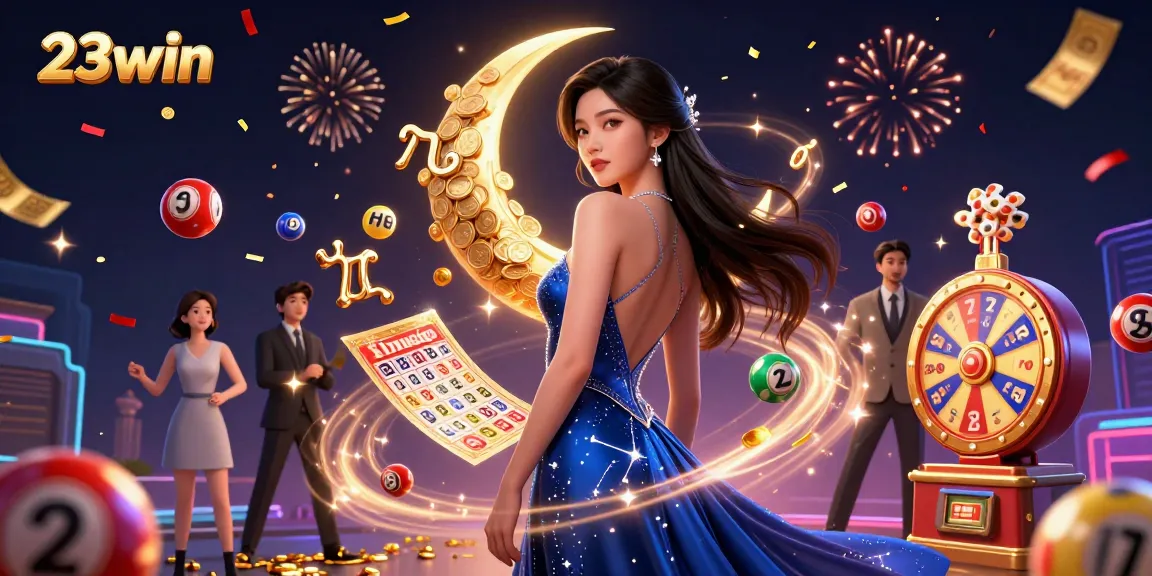 Engage with exciting games at 23win, amidst colorful lottery balls and celebratory confetti.