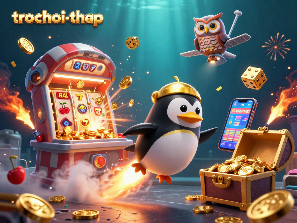 Experience the thrill of trochoi-thap with a golden penguin blazing a path to casino riches amidst exploding slot machines.