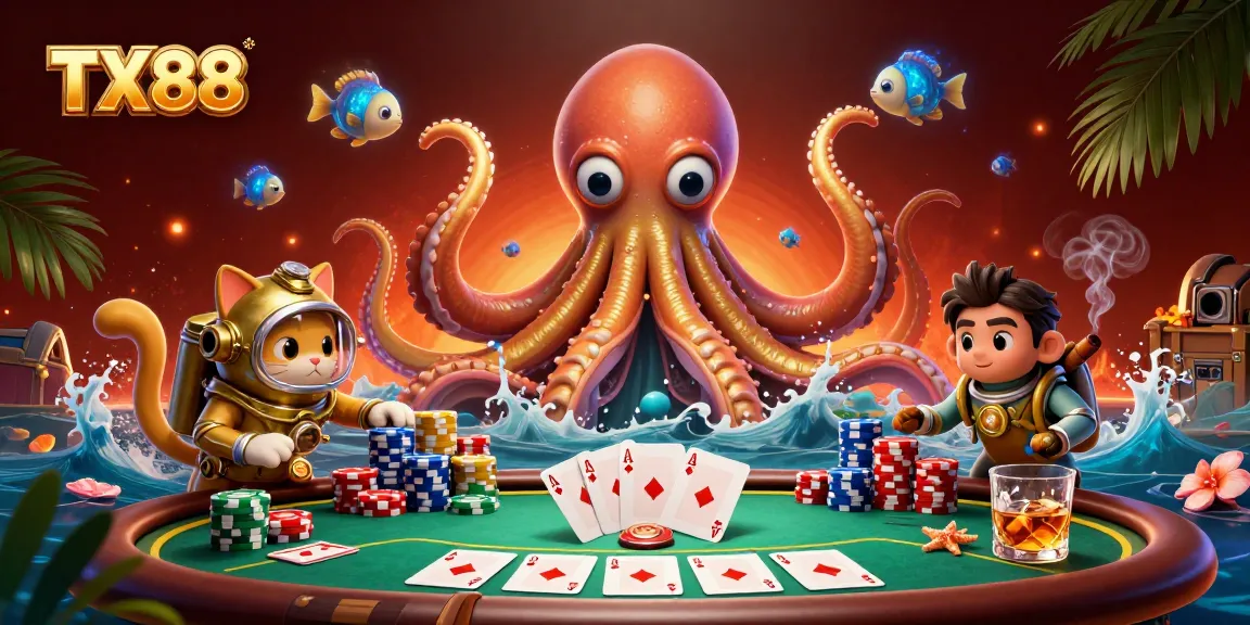 Engage with TX88 at a dynamic casino scene featuring a kraken, poker chips, and vibrant game elements.