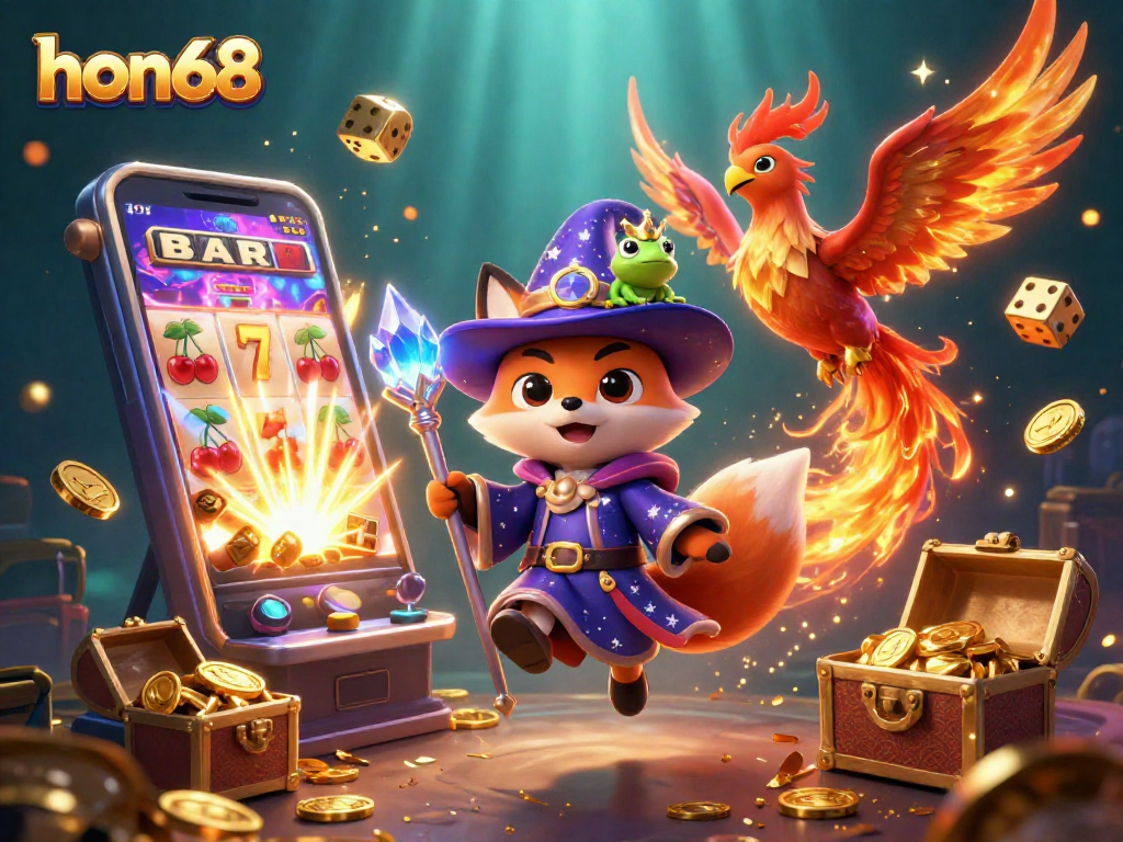 Experience jackpots at hon68 with a mystical wizard fox, phoenix, and enchanted frog amidst a captivating casino scene.