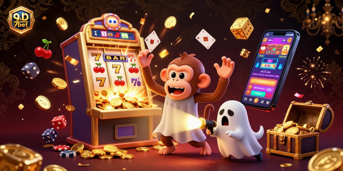 Experience exciting gaming moments at 9bet with a mischievous monkey juggling golden casino treasures.