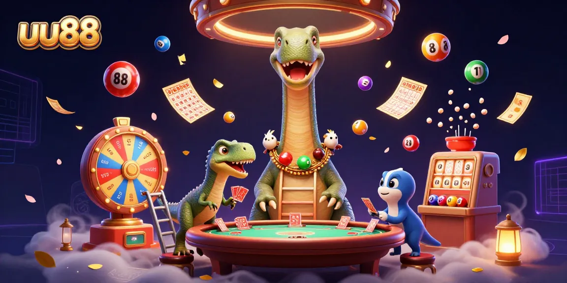 uu88 brings thrilling excitement with a cartoon brontosaurus and clever raptor dealing cards in a vibrant casino.