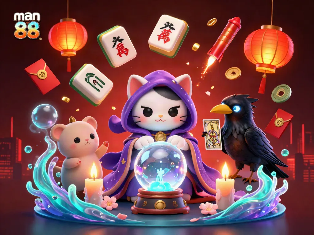 Experience the excitement of man 88 with a vibrant 3D casino illustration featuring a mystic cat and tarot raven.