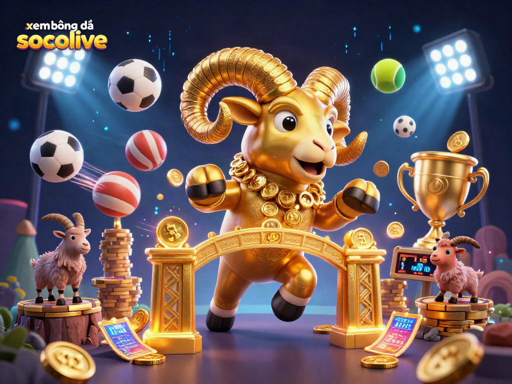 xem bóng đá socolive features a golden ram amidst dynamic sports betting elements, showcasing energy and excitement.