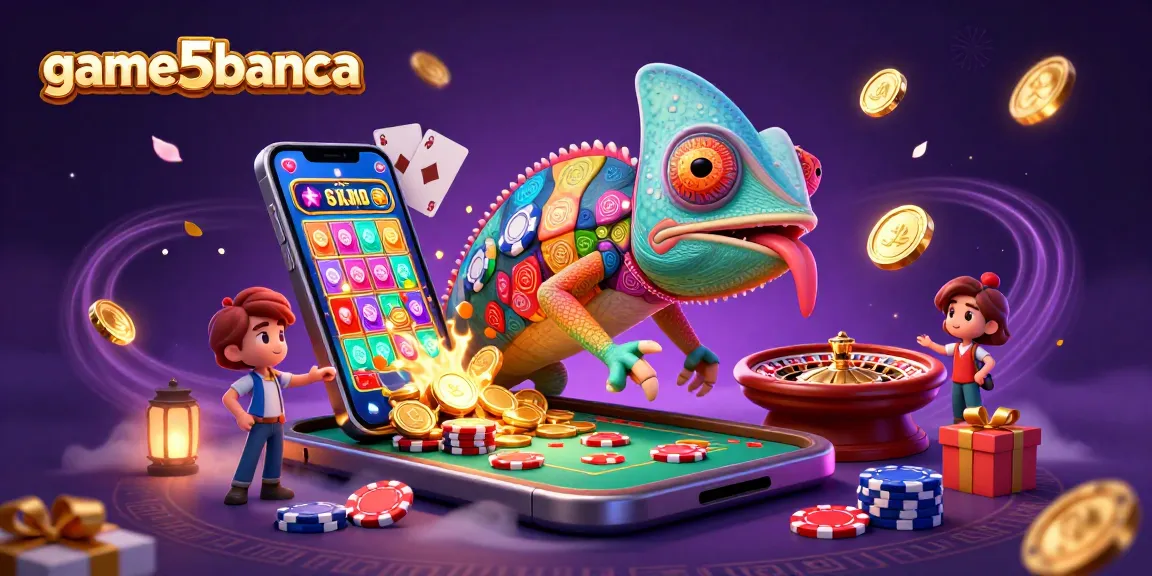 game5banca features an enormous chameleon casino owner snatching golden coins amidst dazzling gaming elements.