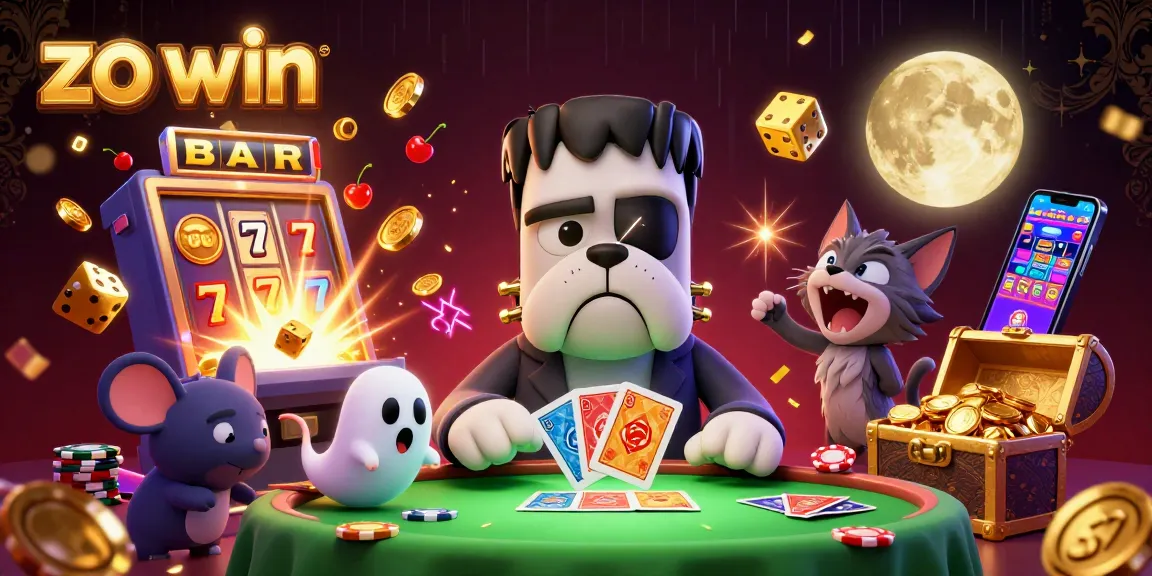 Experience thrilling wins at zo win with a vivid, playful casino-themed scene featuring unique characters and game elements.