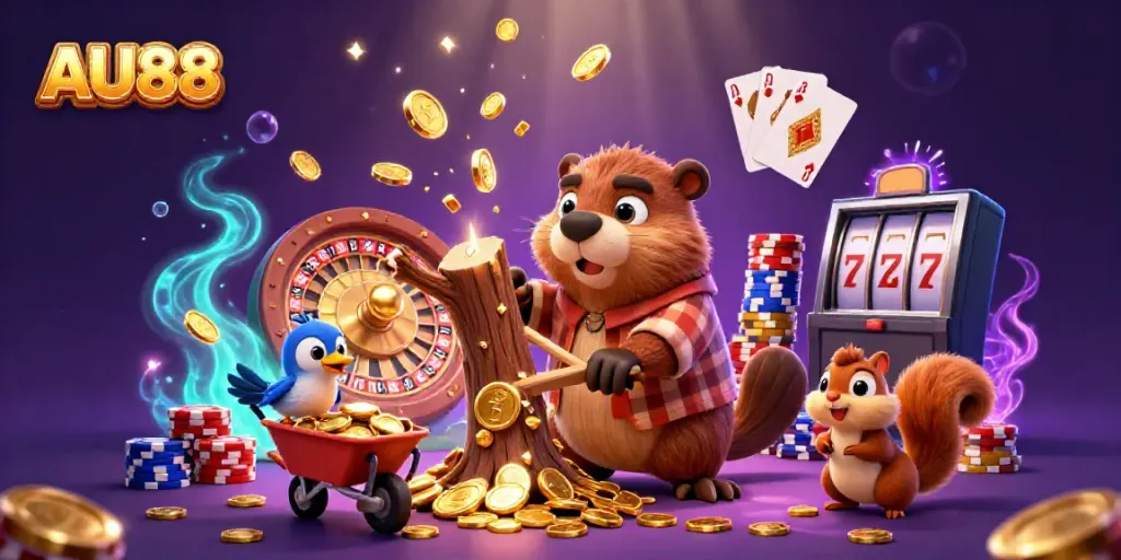Join the fun with AU88 as the animated beaver and friends collect golden rewards in this lively gaming scene.
