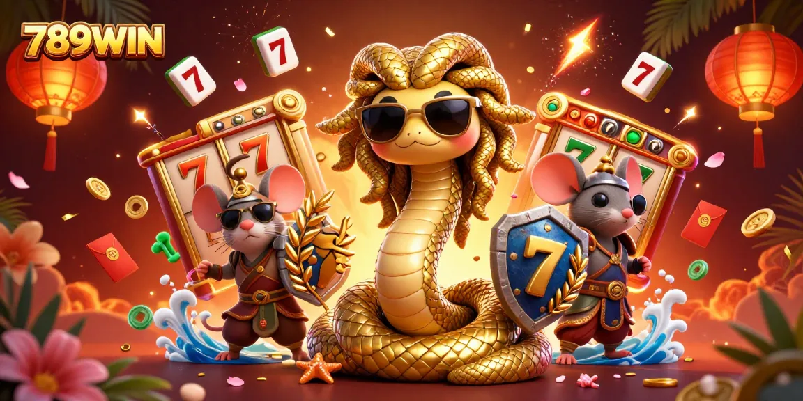 Join thrilling gaming adventures with 789WIN featuring Medusa and her warrior friend amidst vibrant casino elements.