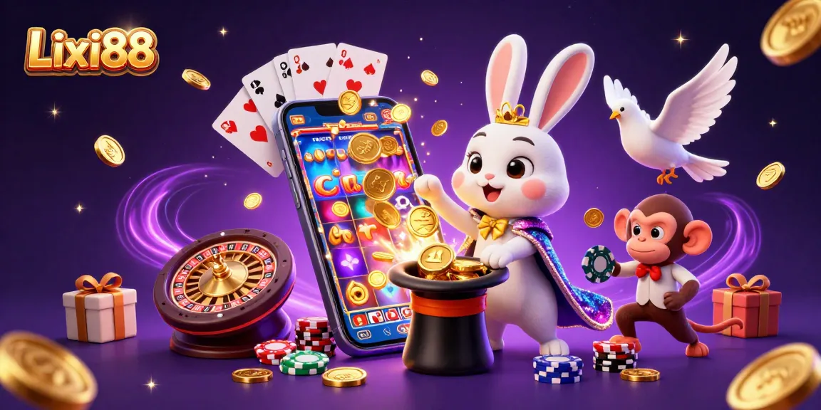 Lixi88 promotes excitement with a magician, assistant, and monkey amidst vibrant casino elements.