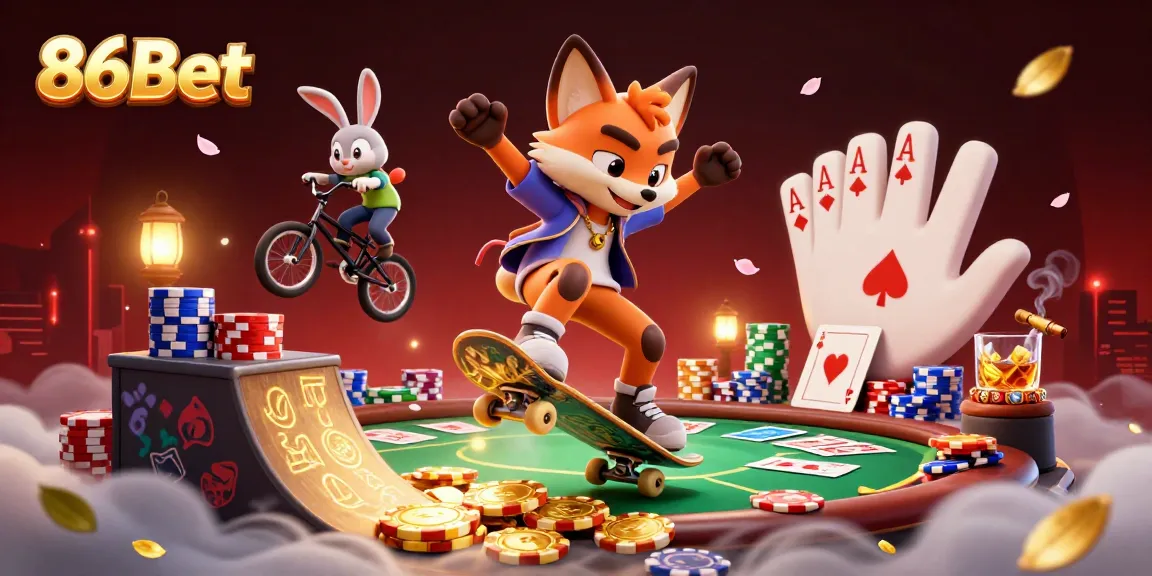 86Bet gaming scene featuring a skateboarder fox and BMX rabbit amidst casino elements
