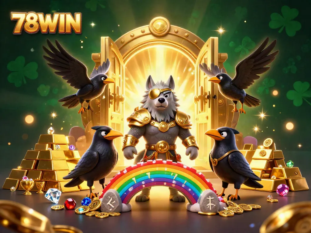 Engage with the 78WIN spirits of luck amid casino treasures and mythical symbols in an enchanting scene.