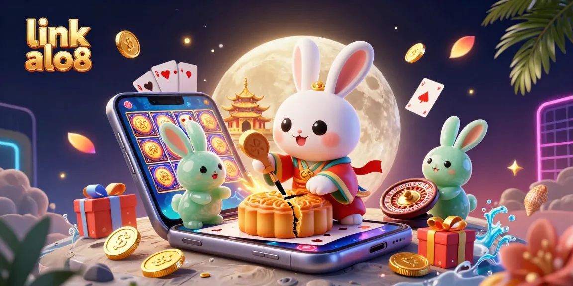 Join the excitement of link alo8 with this vibrant moon rabbit illustration featuring casino elements.