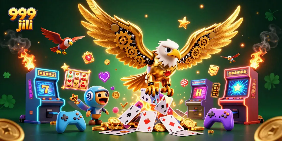 The golden eagle symbolizes 999 jili's dynamic casino games, showcasing slot machines and neon elements.