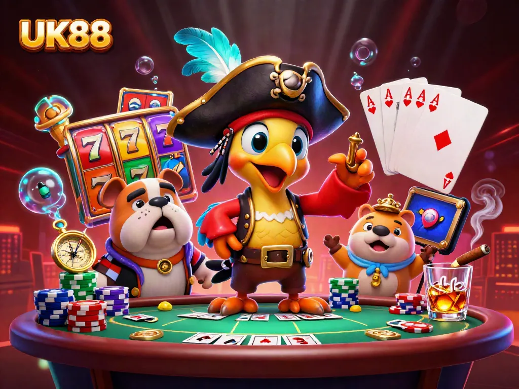 Engage in thrilling gameplay at UK88 with vibrant slot reels and colorful poker elements.