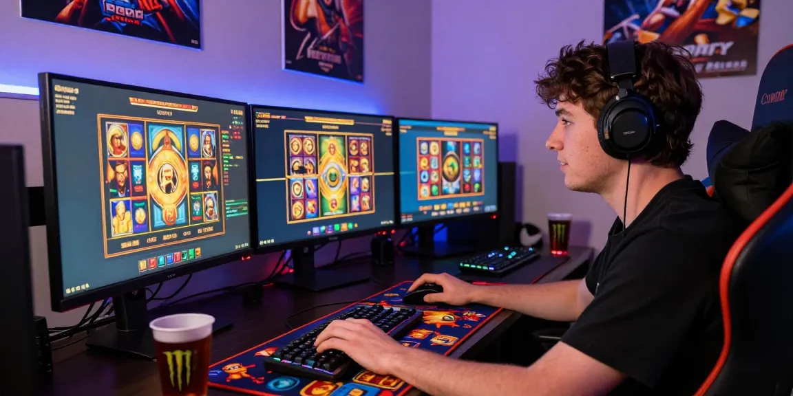 Engaging scene of a gamer focused on slot games, illustrating the depo pulsa 10k tanpa potongan experience.