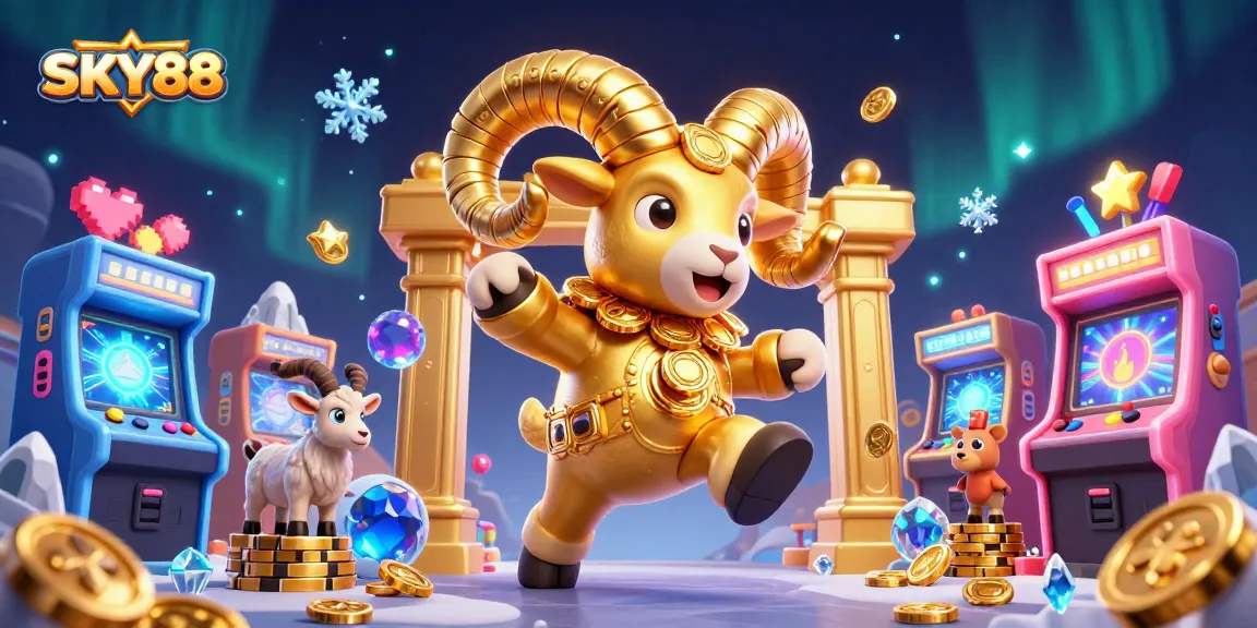 Experience thrilling wins with SKY88 as a golden ram charges through a vibrant 3D casino scene.