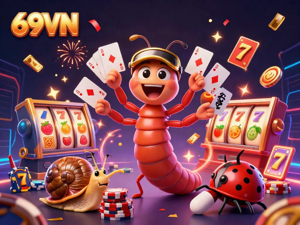 Experience the excitement of 69VN's casino with a dynamic 3D illustration showcasing unique characters and vibrant slot elements.